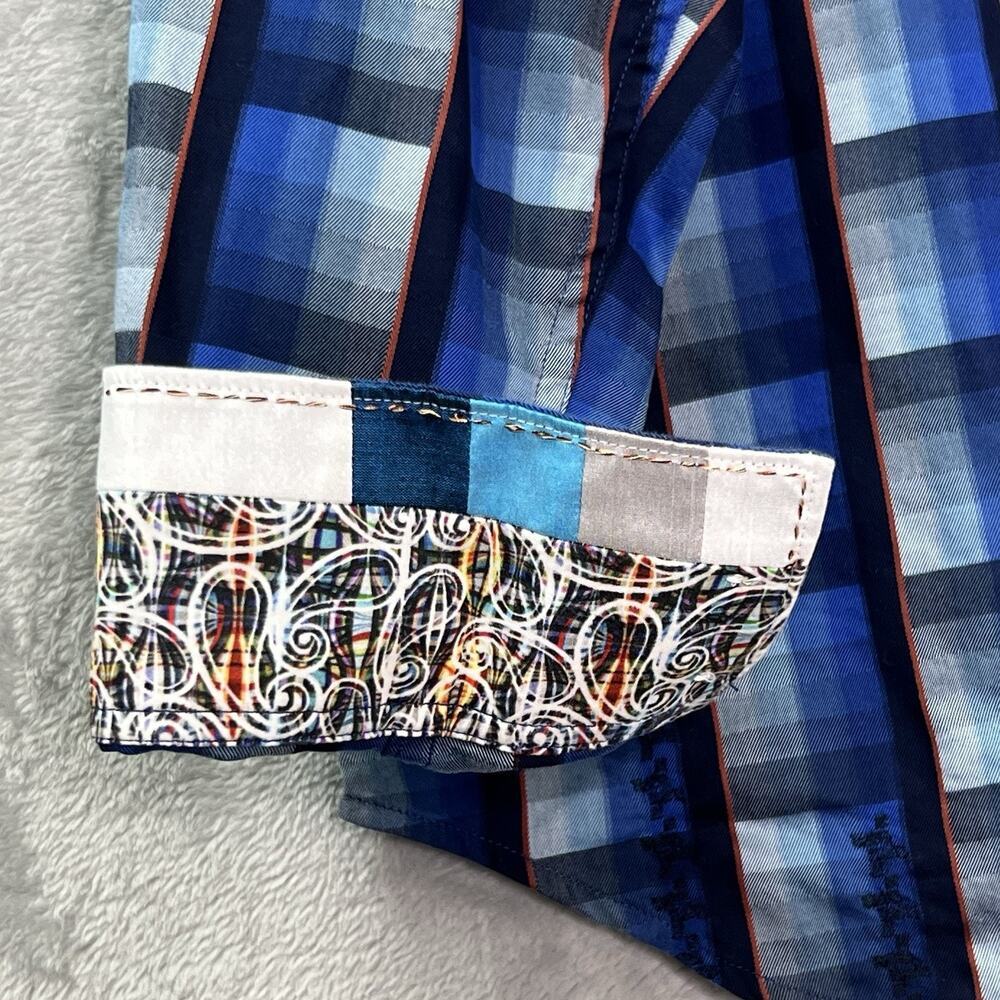 Robert Graham Shirt Mens XL Blue Plaid Flip Cuff Check‎ Classic Fit Embroidered - Picture 5 of 14